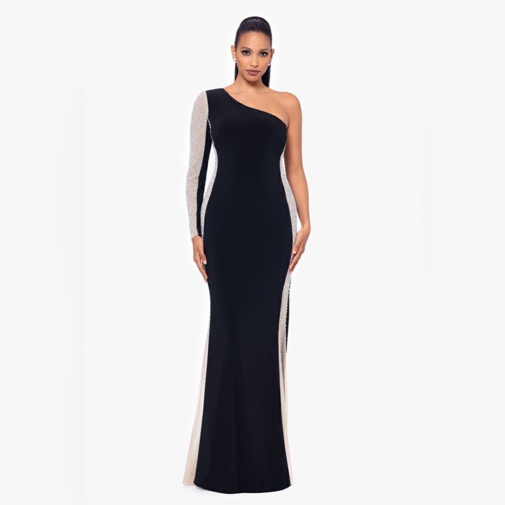 Xscape "DORTHEY"  LONG CAVIAR BEADED JERSEY KNIT ONE SHOULDER LONG SLEEVE DRESS